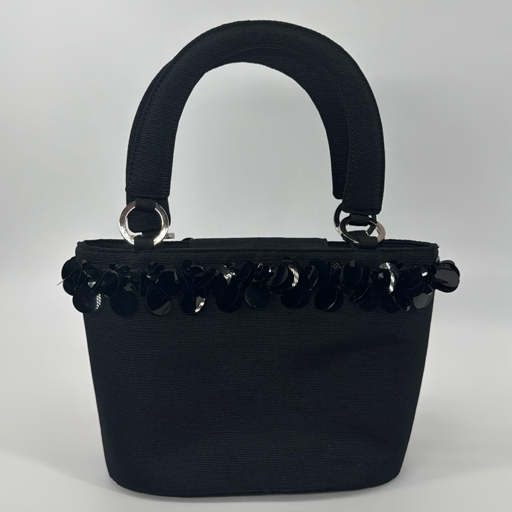 TALBOTS BLACK GROSGRAIN SATIN & BIG DANGLE‎ SEQUINS, BEADED BAG, HANDBAG